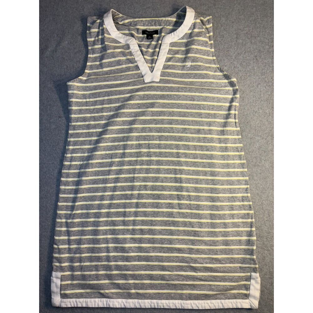 Nautica Tank Top Womens Size XL Multi Striped Cotton Sleeveless Logo V Neck Slit